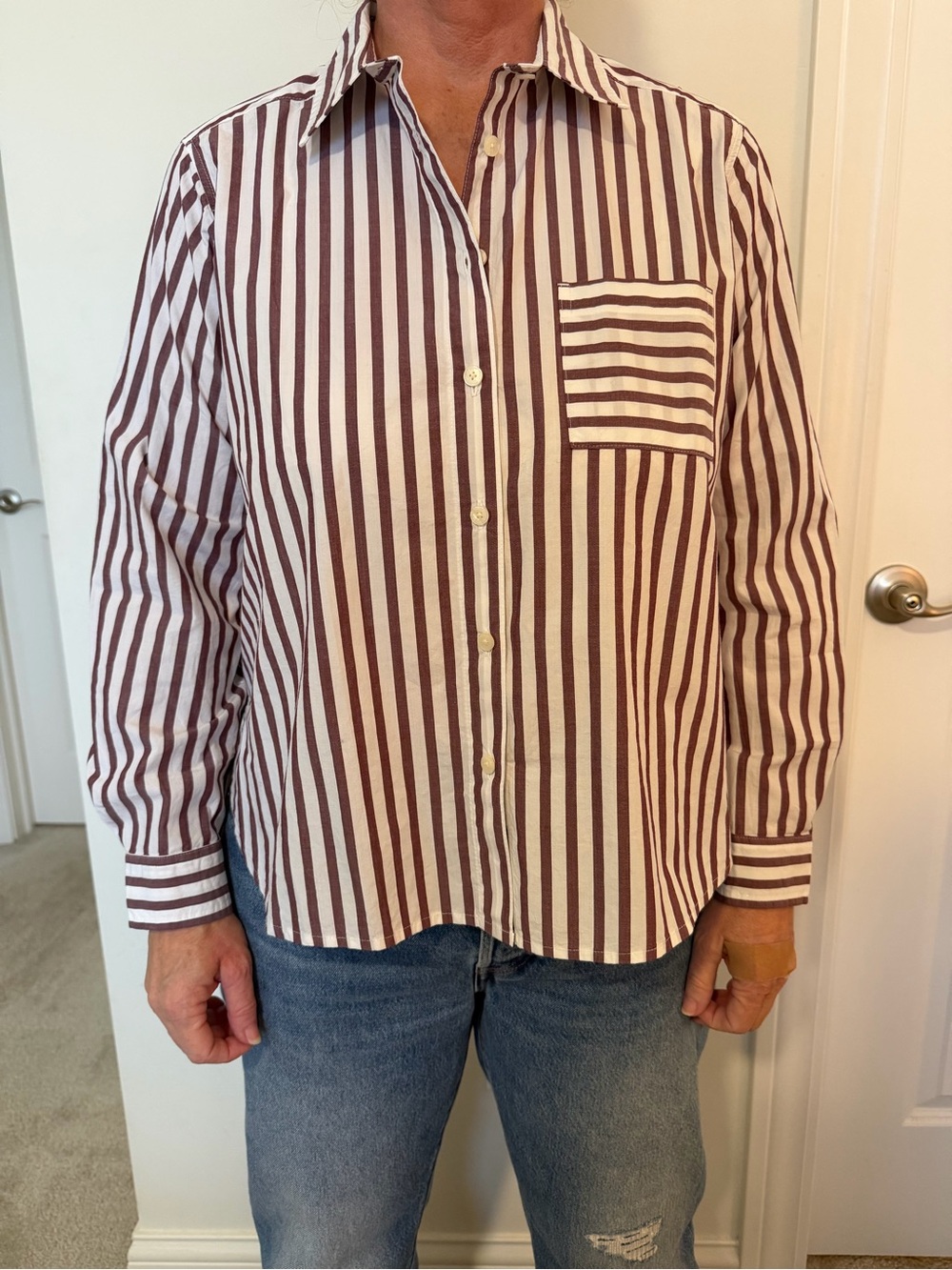 LOFT Women's Burgundy and White Vertical Stripe Button-Down Shirt